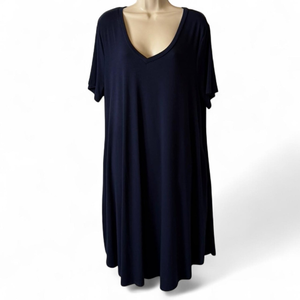 Zenana Premium Navy V Neck T Shirt Dress With Pockets, Women's Size 2X.